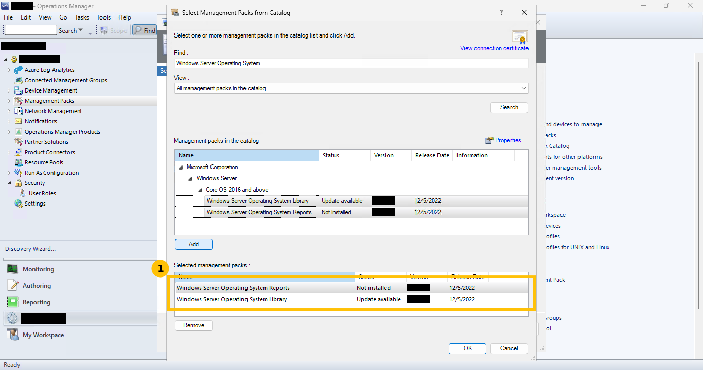 Real Select Management Packs from Catalog dialog, Windows Server Operating System Library and Reports both added to the selected management packs list