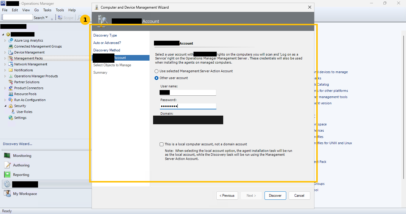 Real Computer and Device Management Wizard, Administrator Account step, other user account selected with username, password, and domain fields redacted