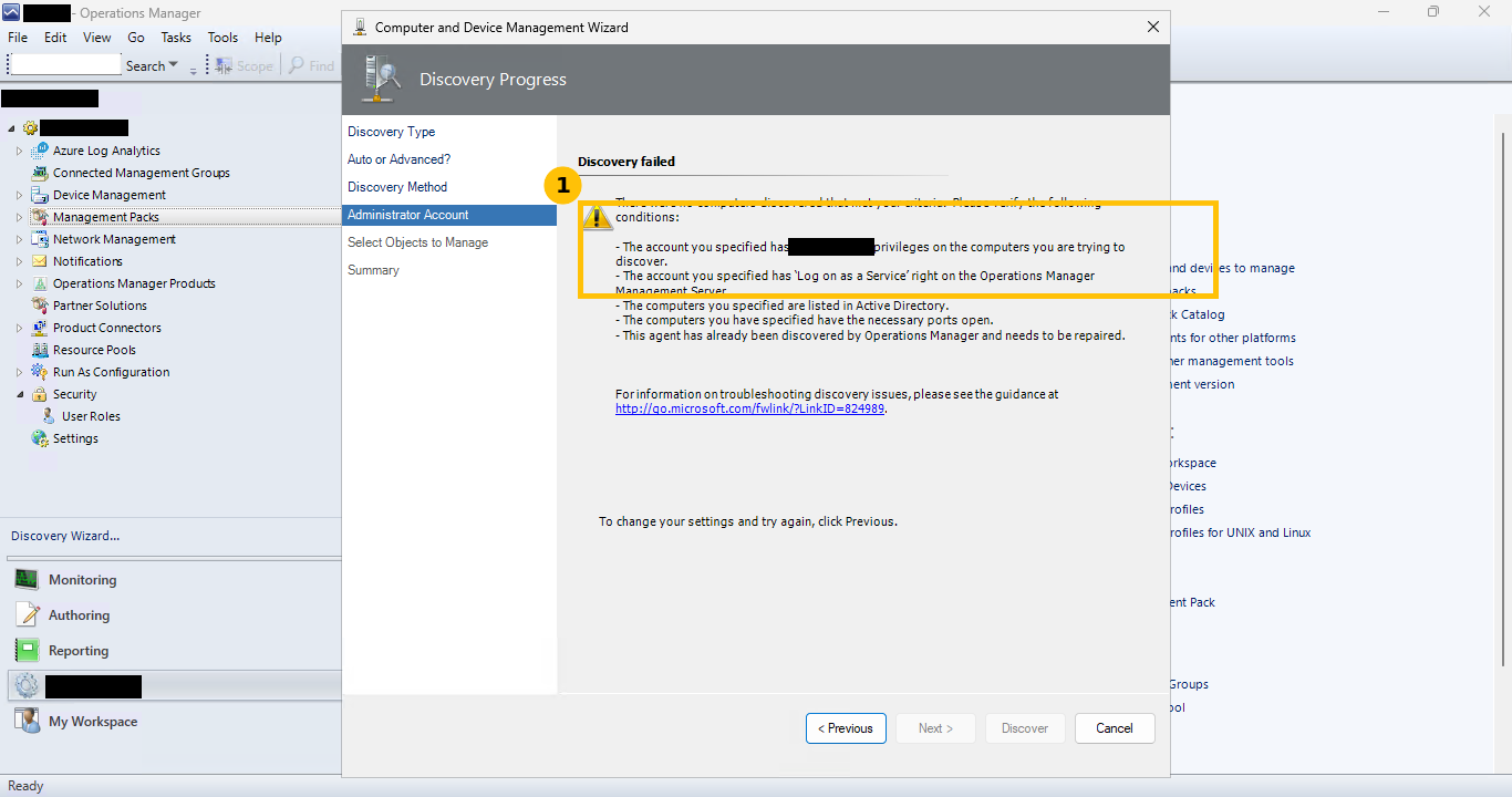 Real Computer and Device Management Wizard, Discovery Progress step, Discovery failed, no computers discovered that met the criteria