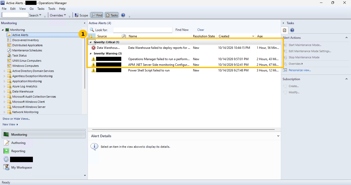 Real Active Alerts view, one critical Data Warehouse alert and three warning alerts, all appearing in the first hours after a fresh install