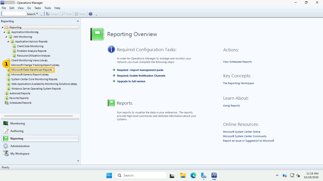 SCOM Reporting workspace showing the Microsoft Data Warehouse Reports library