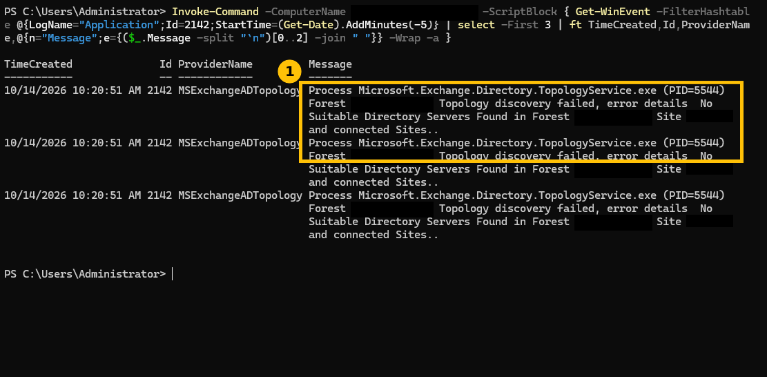 Real Windows event log output showing Event ID 2142 from MSExchangeADTopology, Topology discovery failed, error details No Suitable Directory Servers Found in Forest, Site and connected Sites