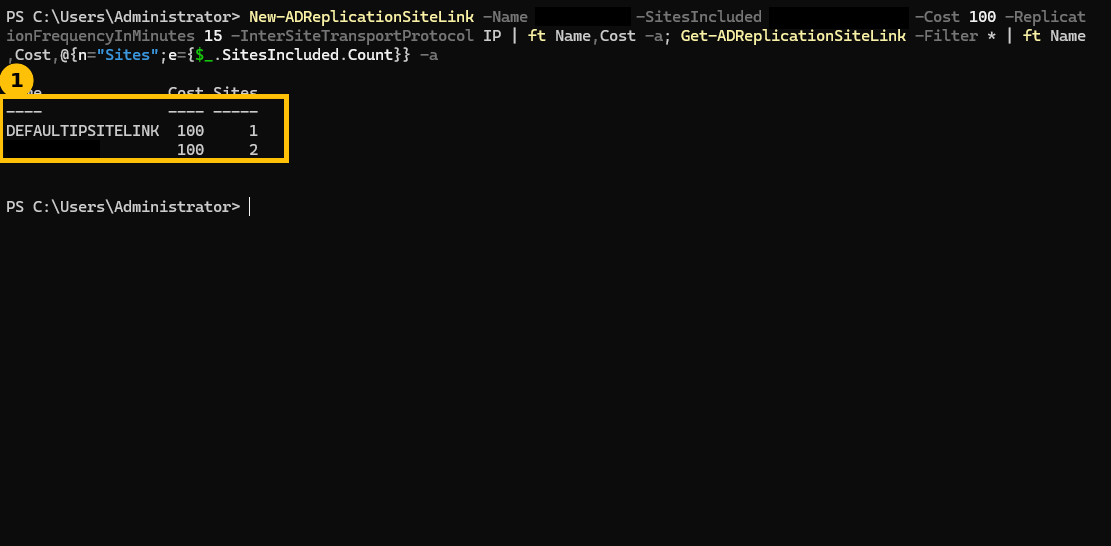 Real output creating a new AD replication site link including both sites, with cost 100, confirmed by listing all site links showing the new link now covers 2 sites