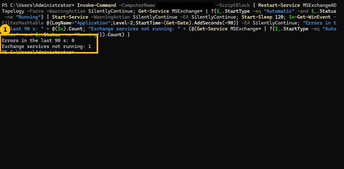 Real output confirming zero errors in the Application log over the last 90 seconds, with one Exchange service still not running flagged separately