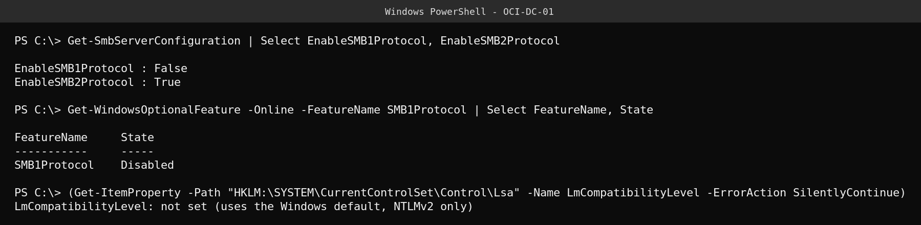 Real PowerShell output checking SMBv1 status and LmCompatibilityLevel on a Windows Server 2025 domain controller