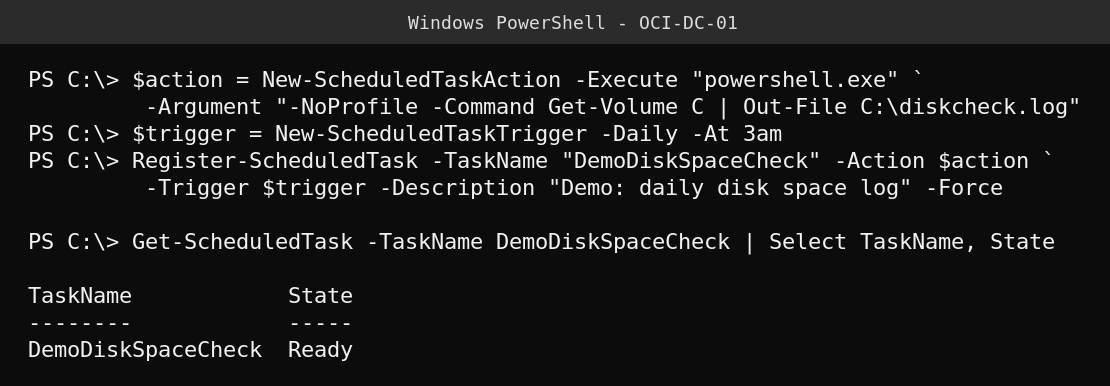 Real PowerShell output creating and registering a scheduled task with New-ScheduledTaskAction and Register-ScheduledTask