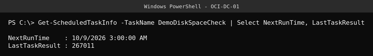 Real PowerShell output showing Get-ScheduledTaskInfo with next run time and last task result
