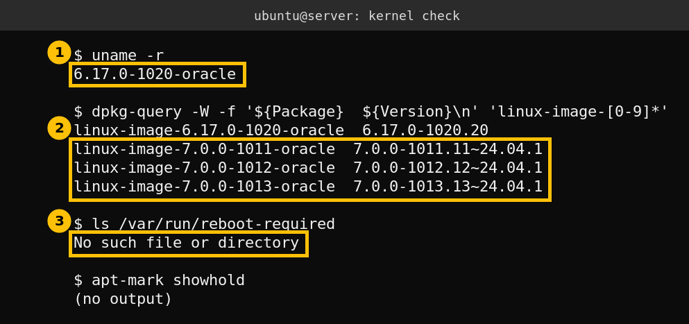 Terminal output showing kernel 6.17.0-1020 running and 7.0.0-1011, 1012 and 1013 installed with no reboot-required file