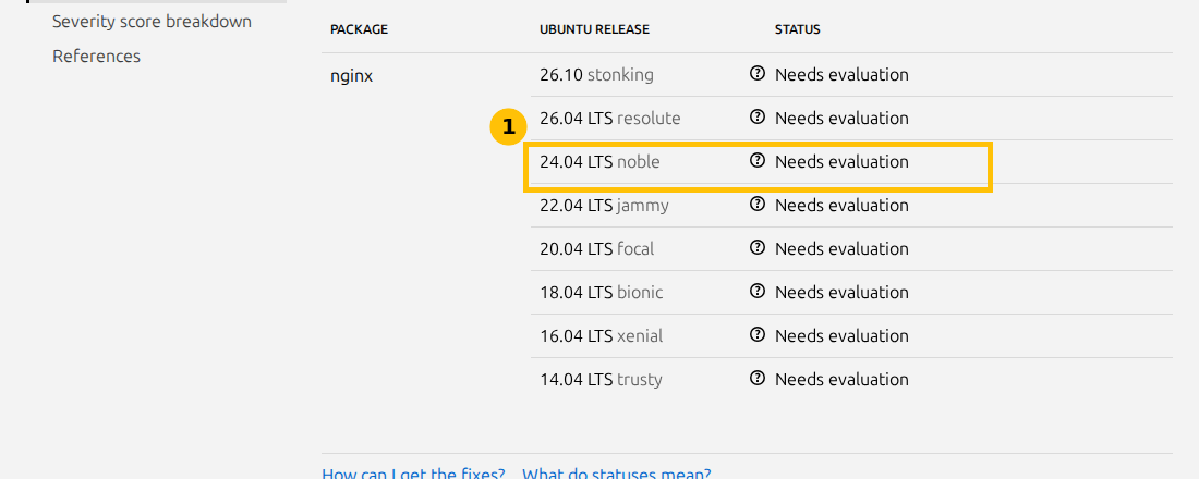 Ubuntu security tracker page for CVE-2026-15176 showing nginx on Ubuntu 24.04 LTS with the status Needs evaluation