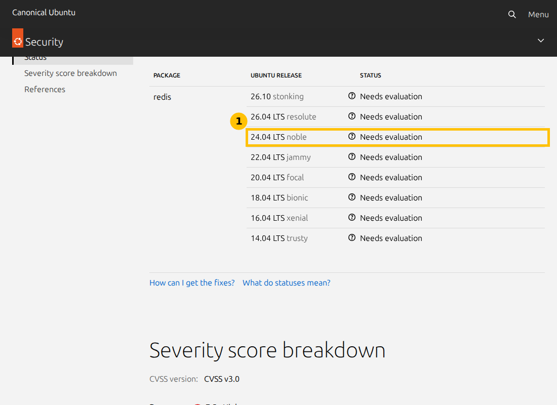 Ubuntu security tracker page for CVE-2026-66373 showing the redis package with the status Needs evaluation on every Ubuntu release including 24.04 LTS noble