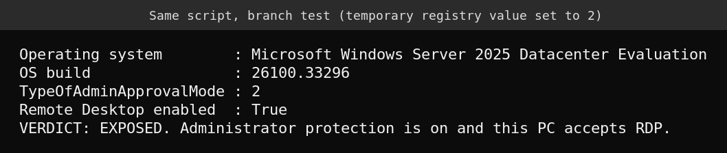 Same script pointed at a temporary key with value 2, verdict EXPOSED