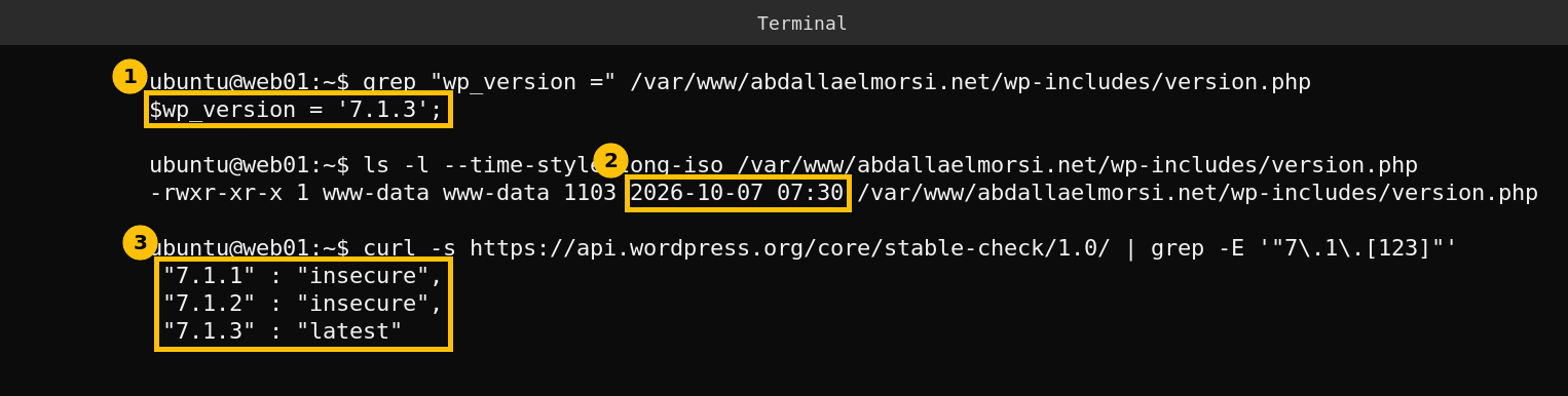 Terminal showing wp_version 7.1.3, a version file dated 2026-10-07 and the WordPress stable check marking 7.1.1 and 7.1.2 as insecure and 7.1.3 as latest