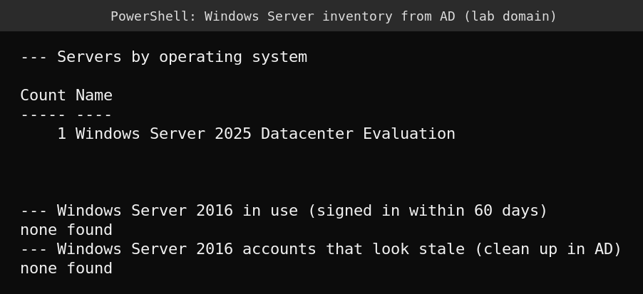 Active Directory inventory in the lab showing one Windows Server 2025 machine and no Windows Server 2016