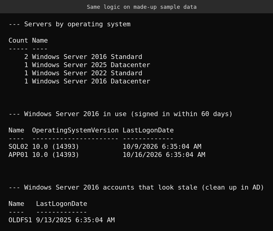Sample output with two active Windows Server 2016 servers and one stale account