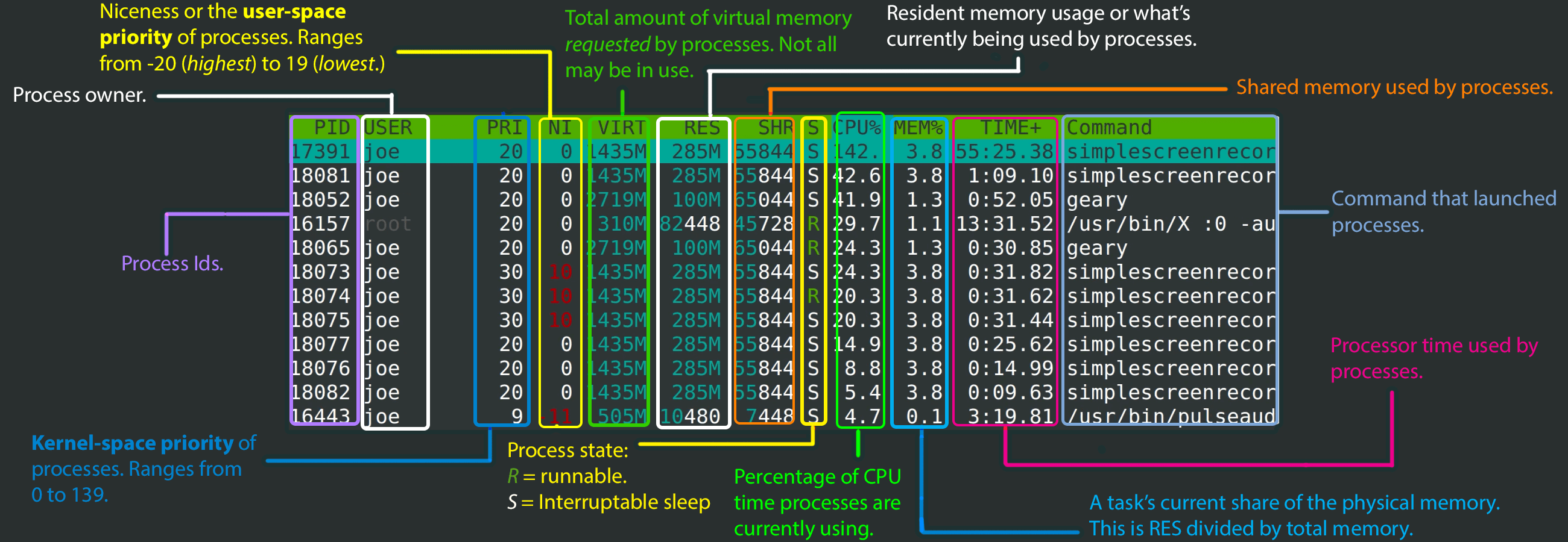 htop command output in Linux