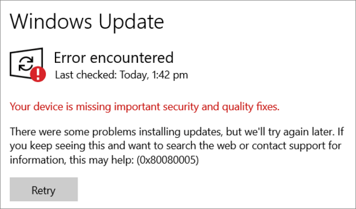 Windows Update error code example