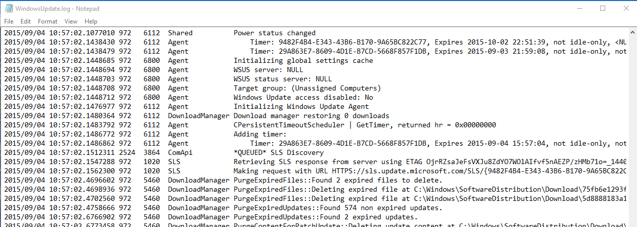PowerShell output of Get-WindowsUpdateLog