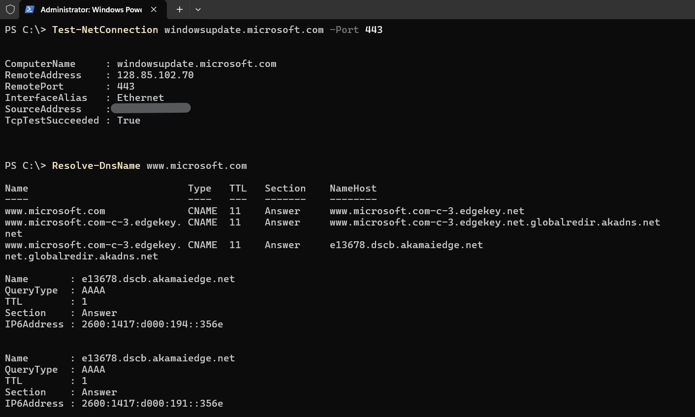 PowerShell network test for update troubleshooting